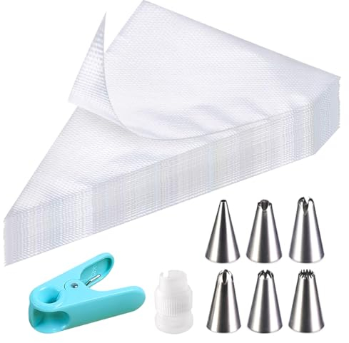 soodyoow 100 Stück Spritzbeutel Einweg Set, mit 6 verschiedenen Edelstahl Spritztüllen, 1 Kuchen Kupplung und 1 Spritzbeutel Klammern, für Dekorieren Von Gebäck, Torten Geeignet, Keksen, Cupcakes