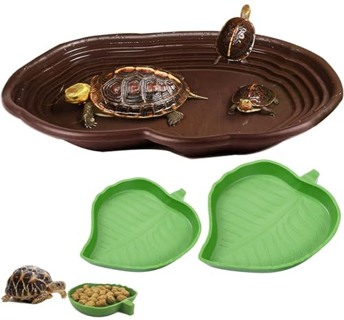 3PCS Tortoise Water Bowl with Ramp Leaf Tortoise Water Food Dish Turtle Pool Tortoise Bathing Pool Reptile Water Dish Large Soaking Dish Box Turtle Habitat Accessories