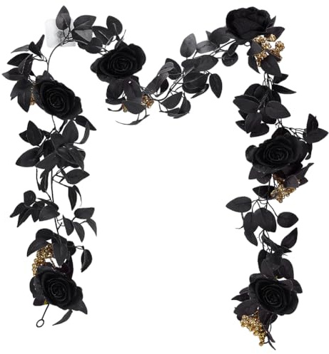 PH PandaHall 1,7 m konstgjord svart ros vinstockar, blomma vinstockar girlang blommig vägg hängande ornament girlang med gyllene bär och svarta blad för halloween bord bordsuppsats rum spegeldekor