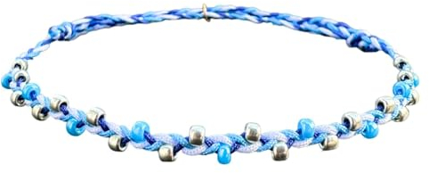 happymaker - Fußkettchen für Damen, wasserfester Schmuck und hippie Accessoires, Fußkettchen für Damen Perlen blau und silber, wasserfest und größenverstellbares Fussband, Stoffband, Festival Schmuck