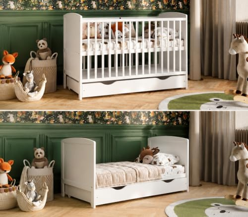 Genérico Cuna Bebé Convertible 60x120 cm con Cajón, 3 Alturas de Somier, 3 Barrotes Extraíbles, Cama Infantil Evolutiva Blanca (sin colchón)