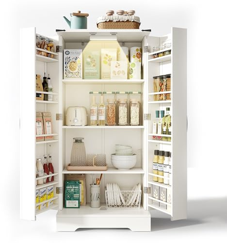 KecDuey Armario de Cocina Alto con Iluminación LED, 2 Puertas Batientes y Estantes Ajustables, Ideal para Espacios Pequeños en el Comedor o Sala de Estar, Color Blanco, 60 x 35 x 128.5 cm
