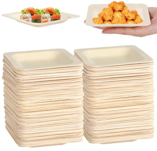 100 Pcs Disposable Square Wooden Plates, Appetizer Serving Dishes, Elegant Food Storage Trays, 4.9×4.9×0.6