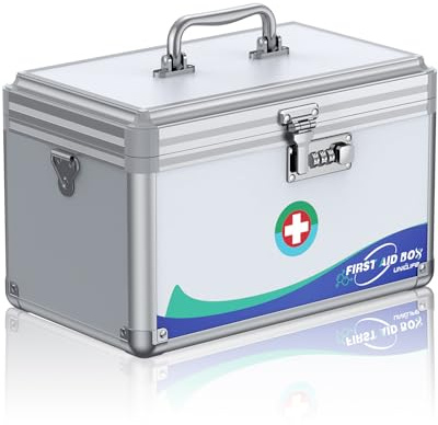 Uniclife Cassetta di Sicurezza per Medicinali con Serratura a Combinazione, Portapillole Metallico per Pronto Soccorso con Maniglia e Tracolla Regolabile, Scatola Bloccabile per Farmaci 30x17,8x19 cm