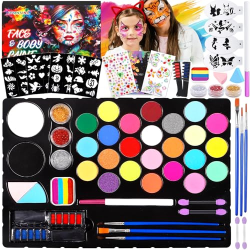 ITMNMNL Palette Maquillage Enfant,33 Couleurs Kit Maquillage Enfant, Lavable Peinture Visage Enfant,avec 3 Pinceaux, 44 Pochoir, Maquillage Enfants Carnaval Halloween Cosplay Fête D'anniversaire