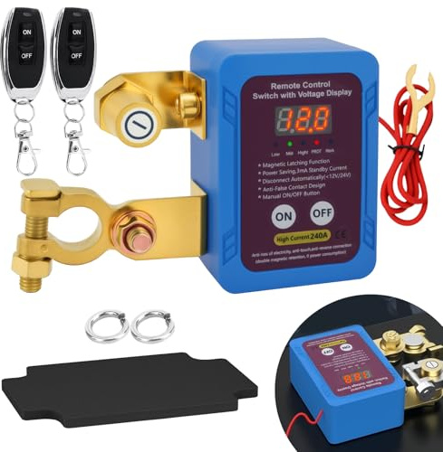 WOOWAIR Desconectador de Bateria Coche 12V 240A, Interruptor de Desconexión de Batería Remota, Corta Corriente Bateria Coche con Pantalla de Voltaje LED, Interruptor de Apagado Automático para Coche