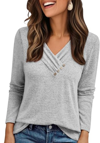 Cuptacc Pull Femme Estivales Léger Casual Manche Longue Tee Shirt Femme Soft Confort avec Bouton Décoratif Couleur Unie Coton Oversized Haut Gris Clair XL
