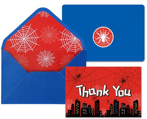 SAVITA 24pcs Carte de Remerciement Héros avec Enveloppes, Thème Araignée Notes Remerciement BD Rouge Bleu Pliables Carte Vœux Cadeau pour Enfants Amis Famille Fête d'Anniversaire Remerciements