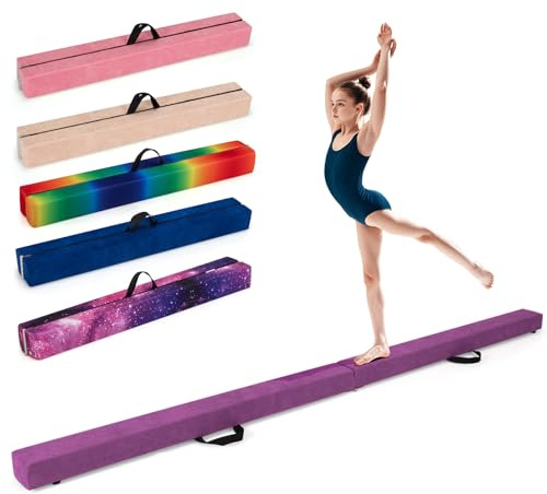 GYMAX Poutre Gymnastique Pliable 240 cm, Revêtement Antidérapant, Structure en Pin, Poignée de Transport, Sol en Mousse Extra-Ferme, pour Entraînement à l'Équilibre pour Les Tout-Petits (Violet)