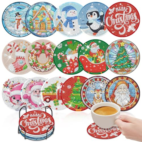 16Pcs Diamond Painting Portavasos Navidad con Soporte,Navidad Pintura de Diamantes, Posavasos de Arte de Diamantes Antideslizantes Vasos Decoración Navideña para Tazas,Regalo