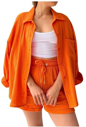 Women 2 Piece Outfit Sets Lounge Tracksuit co ord sets for women Cotton Linen High Low Shirt and Drawstring Casual Shorts Set Casual Beach