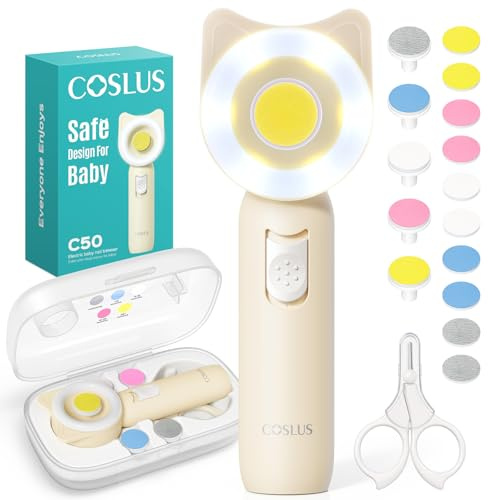 COSLUS Baby Nail Trimmer Electric: Baby Nail File mit 360° LED-Licht, Electric Nail File Baby 16-in-1 Nagelpflegeset für Schlafen Neugeborene Baby Maniküre und Pediküre, für Hause und Reisen, C50