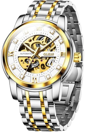 OLEVS Mens Automatic Watch Skeleton Diamond Luxury Mechanical Self Winding Dress Wrist Watch Waterproof Luminous, G9901: Two tone band & White dial