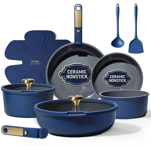 CAROTE Blue&Gold Ceramic Cookware Set Non Toxic, PFAS Free,15Pcs Pots and Pans Set Non Stick Detachable/Removable Handle,Kitchen Cooking Set Dishwasher Safe, Nonstick Pot and Pan, Induction Cookware