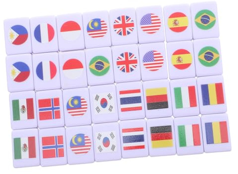 HEMOTON 64 St Delars Bärbart Mini Mahjong-spel med Plattor Nationella Flaggmönster Tvåspelare Familjespel Kompakt Sällskapsspel för Resor Kaffebordsspel och Festunderhållning