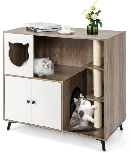COSTWAY Mueble Arenero para Gatos con 3 Postes Rascadores de Sisal, Condominio para Gatos, Mueble para Caja de Arena 5 en 1 con Baño Oculto para Gato, Carga 30 kg, Gris y Blanco