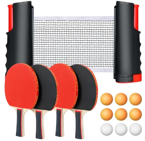 Flintronic Sets de Ping Pong, Juego de Raquetas de Tenis de Mesa Professionales, 4 Raquetas de Ping Pong, 9 Bolas, 1 Red Retráctil, 2 Bolsa de Almacenamiento, para Exterior y Hogar (Rojo)