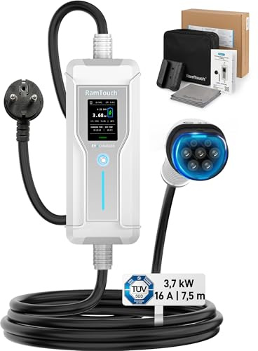 RamTouch Cargador Coche Eléctrico (3,7 kW, 6 A - 16 A, 7,5 m, IP67) | Schuko a Tipo 2 | Cable de Carga Modo 2 con Pantalla y Temporizador, RCD AC/DC, Wallbox Móvil para Vehículos Eléctricos y PHEV