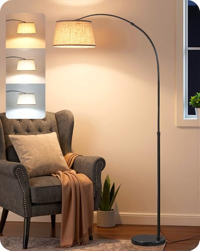 EDISHINE Lampada da Terra per Soggiorno, Altezza Regolabile 143-176 cm, Lampada ad Arco con Testa Rotante, Struttura in Metallo, Telecomando Magnetico, Dimmerabile, Attacco E27 con LED 9W Inclusa