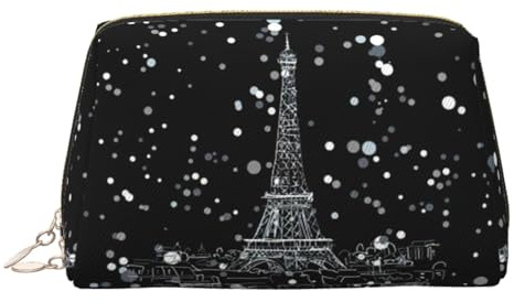 Pochette per cosmetici in pelle con stampa Torre Eiffel Night Paris, borsa per trucchi in pelle con chiusura superiore a zip, elegante borsa da toilette, Oro, taglia unica