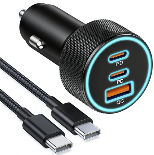 67W Cargador Coche USB C con 3 Puertos y Tipo C Cable Trenzado 60W, Carregador Mechero Coche Carga Rápida Dual USB-C y USB-A 3.0, 12V/24V Adaptador Móvil para iPhone 17 16 15 Pro Max Samsung S25 Pixel