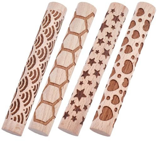 CREATCABIN 4 st trälera texturrullar 4 stilar lera modellering mönster rullar krukor stämpel rullverktyg texturerade rullstift för keramiska plattor glasyr design målning hantverk handgjord 9 cm