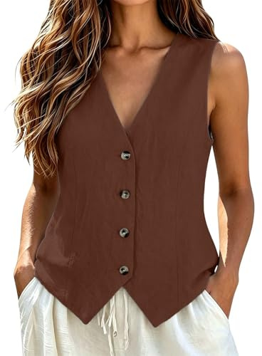 Chaleco de Algodón y Lino para Mujer, Sin Mangas, Cuello en V, Botones Frontales Chaquetas Mujer, Casual Elegante Ropa Mujer Camisetas Basicas, Ideal para Oficina y Verano, Sólido y Ajustado