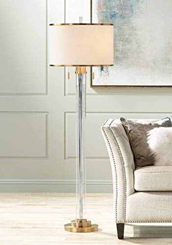 Possini Euro Design Cadence Modern Luxe Art Deco Floor Lamp Standing 62 Tall Satin Brass Gold Metal Crystal Glass Column Linen Drum Shade Decor for Living Room Reading House Family Bedroom Home
