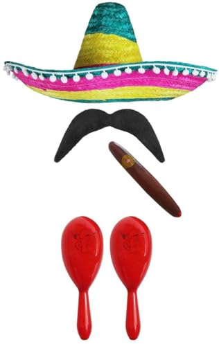 Mexikanskt tillbehörsset för vuxna – flerfärgad sombrero, röd maracas, falsk cigarr, mustasch – Cinco de Mayo Sensorita Bandit Mariachi maskeraddräkt tillbehör set