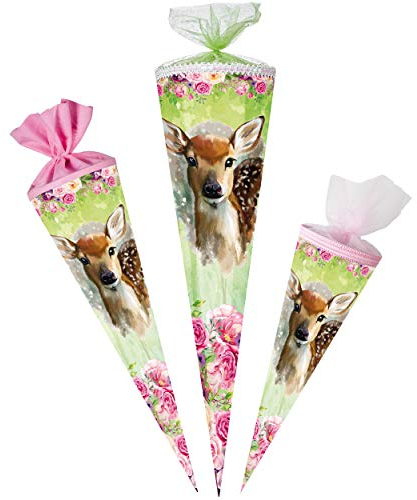 alles-meine.de GmbH komplette Füllung - Circa 200 Teile - für Schultüte - süßes REH - Rehkitz & Blumen - 6 eckig - Organza - für ALLE Zuckertüte - mit/ohne Kunststoff S..