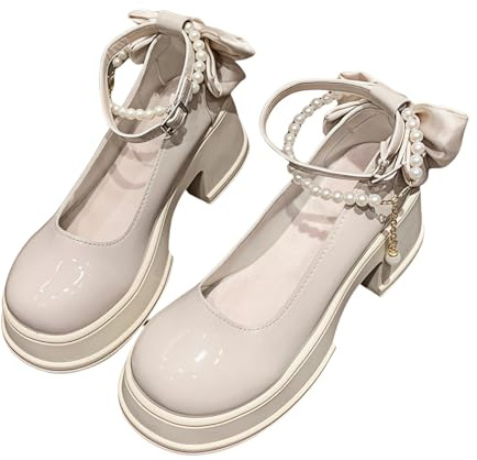 Ulalaza Escarpins Lolita pour Femme Chaussures Mary Jane en Cuir Nœud en Dentelle Bottines Compensées pour Cosplay Style Mignon