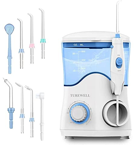TUREWELL FC162 Water Dental Flosser for Teeth/Braces,10 Pressure Levels, 8 Water Jet Tips for Family, 600ML Electric Water Dental Oral Irrigator for Teeth Clean (White)