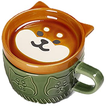 Smallterm Japanische süße Tasse aus Keramik, Shiba Inu Panda, Kaffeetasse mit Deckel, Zuhause, Paar, Milch, Frühstück, Wasserbecher (grün)