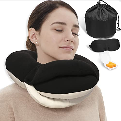 BUYUE Cuscini cervicali da viaggio per aerei, supporto per la testa a 360°, essenziali per dormire a lungo, delicati sulla pelle e traspiranti, kit con maschera per gli occhi sagomata 3D, tappi per le