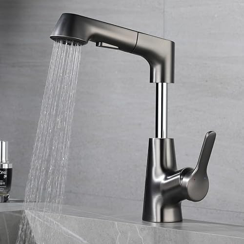 Robinet Cuisine Noir avec Douchette, Robinetterie de Cuisine Extensible, 2 Modes de Pulvérisation Mitigeur Cuisine, Mitigeur Evier Rotatif à 360°, Robinetterie Evier Escamotable, Tuyau de 60 cm