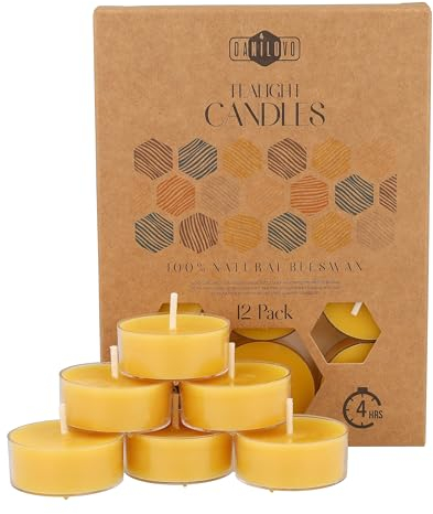 100% Bienenwachskerzen – 12 -teiliges Kerzenset - Bienenwachs Teelichter mit Baumwolldochten – 4 Stunden Brennzeit – Bienenwachs-Kerzen mit Recyceltem Kunststoff von Danilovo