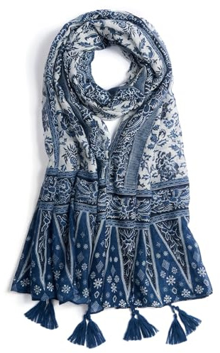 XINGSHUNFU Scarf for Women Lightweight Fashion Floral Printed Scarves Boho Fall Winter Fringed Shawl Wraps(Blue Flower)