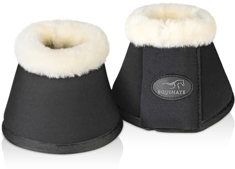 Equinate Hufglocken Furlyn mit synthetischem Lammfell XXL Schwarz - Robuste und stoßdämpfende Neopren Springglocken - Hufschutz für Training und Turniere - 2er Set
