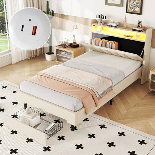 PUGSDRLY Lit 90x200cm Avec Tête de Rangement, Lampe LED et Prise USB, Adulte/Adolescent, Rembourré Avec Sommier à Lattes et Tiroir, Cadre de Lit, Beige