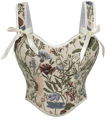 SCARLET DARKNESS Corsé renacentista cuadrado con cuello en V para mujer, corpiño estampado floral