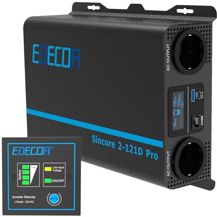 EDECOA 1200W/2400W 12 V till 230 V Pur Sinus växelriktare, 1200 W, 12 V, DC till 230 V AC, LCD-fjärrkontroll med USB- och typ-C-gränssnitt