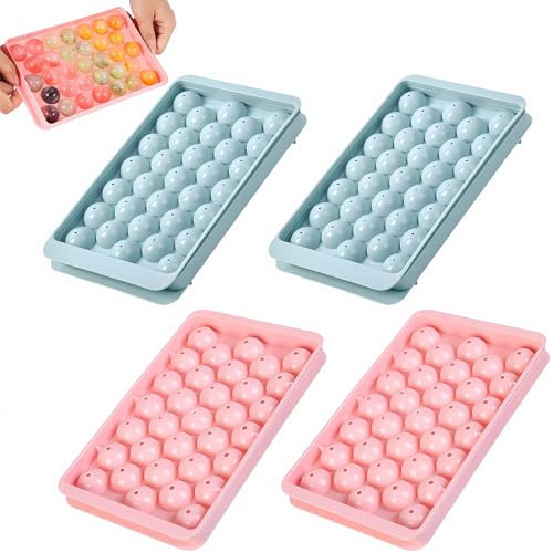 4 Pack Mini Round Ice Cube Tray with Lid, 132 Grid Ball Ice Cube Moulds Ball Maker Ice Trays for Freezer Cocktail Whiskey Tea Coffee