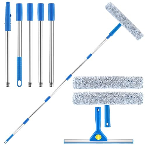 Lavavetri Con Manico Telescopico (215cm), 2 in 1 Con Tergivetro in Silicone + Lavavetri in Microfibra, Strumenti per la Pulizia dei Vetri per Bagno, Doccia, Specchi, Auto, Vetro, Finestre