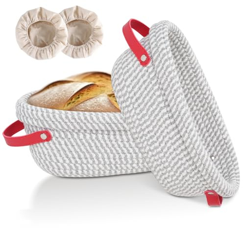 2 Pack Cotton Banneton Sourdough Bread Proofing Baskets, 10 inch Oval | with Liner & Cover, Cotton Rope Proofing Baskets for Sour Dough Bread Baking, Artisan Bread Making, Gifts for Women, Bakers