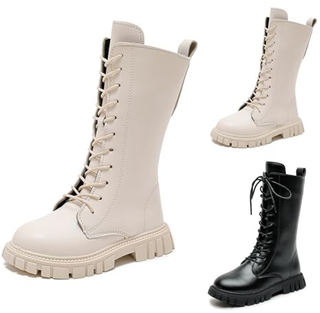 Girls Knee High Boots, White Combat Boots, PU Leather Lace Up School Shoes with Side Zipper, Chunky Lug Sole, Waterproof Warm Casual Shoes, Princess Footwear for Autumn Winter UK Ages 4-12