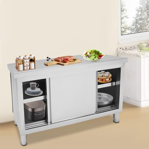 Armadio da lavoro con ante scorrevoli, in acciaio inox, con spazio di archiviazione, 120 x 50 x 86 cm, per la preparazione degli alimenti, banco da lavoro per cucine, garage, giardini, bar, ristoranti