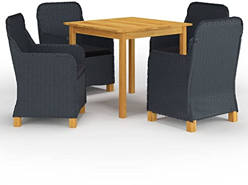 JHQHSM 5 pezzi Gruppo da giardino grigio scuro in legno di acacia massello con sedie in rattan PE e cuscini lavabili per terrazza e balcone