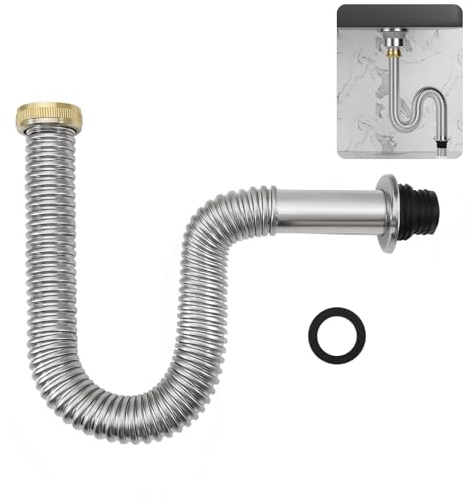 QruiLanTu 1 1/2 Inch Single-Trough Drain Hose Stainless Steel Flexible Sink Drain Hose P-Trap Suitable for Kitchens, Bathrooms, Outdoors and RV