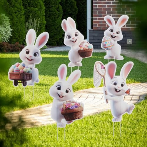 IKSAMY Decorazione pasquale per esterni, coniglietto da giardino, coniglietto pasquale, decorazione pasquale per esterni, resistente alle intemperie, decorazione primaverile, 5 pezzi