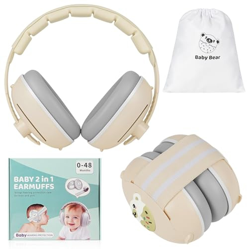 Adiwo Cascos Bebe Antirruido, 2 en 1 Cascos Antiruido, Protectores Auditivos, Diadema Ajustable, Orejeras de Protección Auditiva Seguro y Cómodo para Bebés de 0-4 Años Viajes y Entornos Ruidosos Beige
